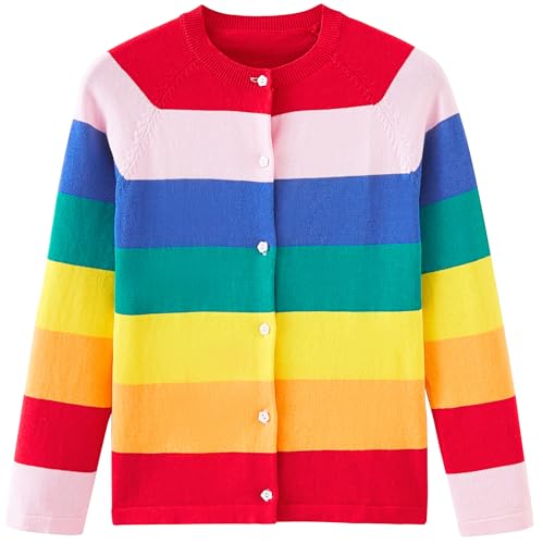 UMELOK Girls' Rainbow 3 Cardigans Sweaters Cotton Long Sleeve School Uniform Rainbow 3, 9-10Y