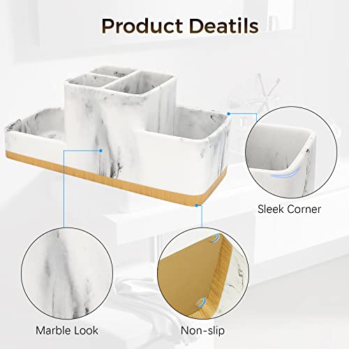 Toothbrush Holder for Bathroom, YMWVH Bathroom Organizer Countertop, Rectangle 5 Compartment Bathroom Accessories Storage for Toothpaste/Shaver and Other Items,White Resin of Marble Color (White)