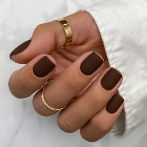 Matte Brown Press on Nails Short Square, Natural Short Gel Nails Glue...