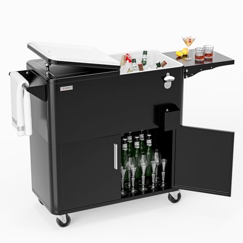 Bonnlo Carrito Nevera con Ruedas 76 L, Enfriador de Bebidas con Mesa Lateral y Abrebotellas, Nevera Exterior para Patio, Jardín, Camping y Playa, Negro