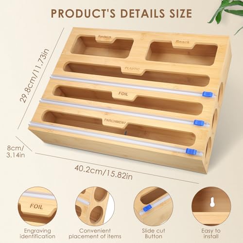 Bamboo 40 cm rotolo da cucina pellicola trasparente e organizer in alluminio – dispenser 5 in 1 taglierina per cassetto
