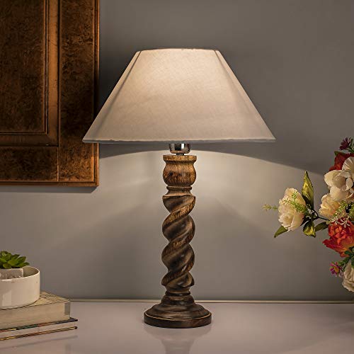 Image of Homesake Classic Twister Wooden Table Lamp with Fabric Shade | Handcrafted Bedside Lamp with E27 Holder| Bulb Included |Warm Light Night Lamp for Bedroom, Living Room, Study & Home Decor, Beige