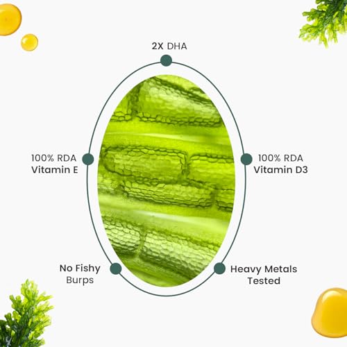 Image of Neuherbs Deep-Sea Veg Omega 3 Supplement | 1000mg Algal Oil | Omega3 Vegetarian Capsules | Supports Heart, Brain, Skin & Bone Health | 100% RDA Vitamin D3 & E | Heavy Metals Tested - 60 Veg Softgels
