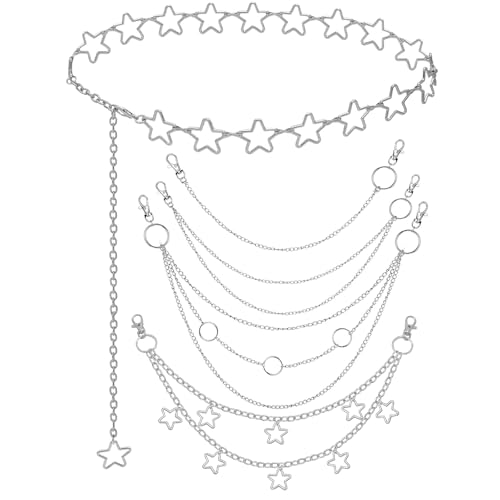 Chain Belt, 5 Pcs Waist Chain Belt Jeans Pants Chain Wallet Chain Pocket Silver Chain Belt Y2K Goth Accessories Punk Dress Body Belly Chain for Women Men