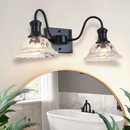 Image of Farmhouse Vanity Lights, 2-Light Vanity Light with Clear Flower Glass Shade, Bathroom Lights Fixtures Over Mirror, Vintage Wall Sconce for Bathroom, Dressing Table