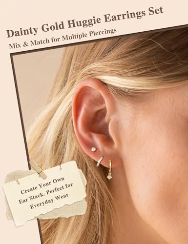 Image of Freekiss 3 Pairs Gold Hoop Earrings Set: Dainty Stud Earrings Trendy Small 14K Gold Plated Hypoallergenic Dangle Cartilage Huggie Hoop Earrings for Women Gold Jewelry for Women Gifts