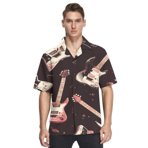 Chemise Hawaïenne Guitares Électriques Élégante avec Design Graphique Rose et Noir