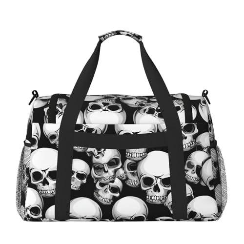 Black and white skulls pattern Print Foldable Carry On Tote Large Capacity Hand Carry Bag for Airplane Weekend Getaways2