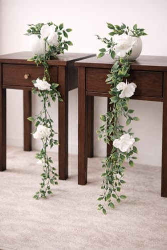 Image of Blessence Set of 2 Artificial Flower Creeper Hanging with Pot 99 cm, Ivy Vine Garland with Small Size Pot for Home Office Wall Shelf Table Living Room Decor (Green and White)