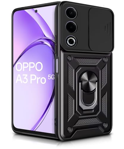 Image of WOW IMAGINE Tough Armor Bumper Mobile Back Case for Oppo A3 Pro 5G | Oppo K12x 5G | Sliding Camera Shield Cover | Shock Proof 360 Protection | Hybrid PC + TPU | Ring Holder with Kickstand - Black