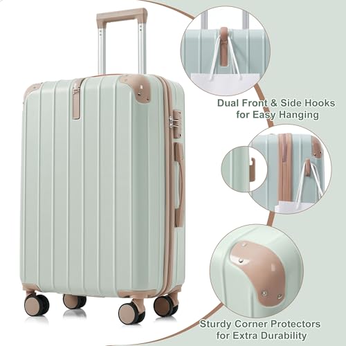 Image of Hardshell Luggage Sets, Lightweight Stripes Suitcases with Spinner Wheels, Green