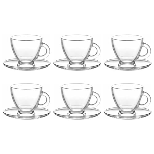 Acan Tradineur - Pack de 6 tazas de cristal con plato, tacitas para café, té, infusiones, diseño clásico, aptas para lavavajillas - 95 ml