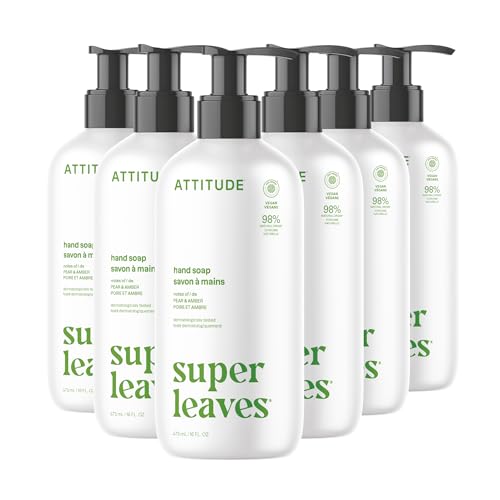 ATTITUDE Liquid Hand Soap, EWG Verified, Plant and Mineral-Based, Vegan Personal Care Products, Pear & Amber, 16 Fl Oz (Pack of 6)