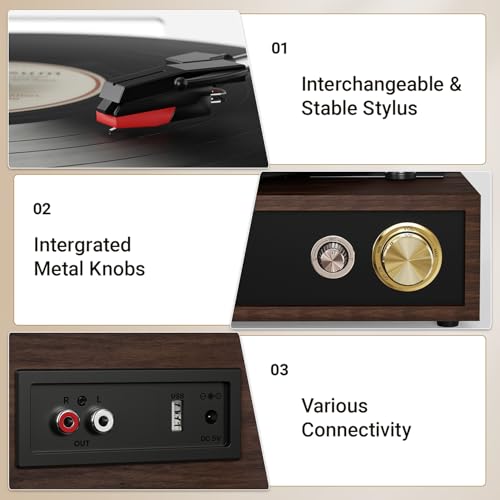 FYDEE Plattenspieler, mit USB-Wiedergabe und -Aufnahme, Bidirektionalem Bluetooth, 3-Gang-Umschaltung (33/45/78 U/min), Eingebauten Stereo-Lautsprechern und RCA-Ausgang - Ebenholz