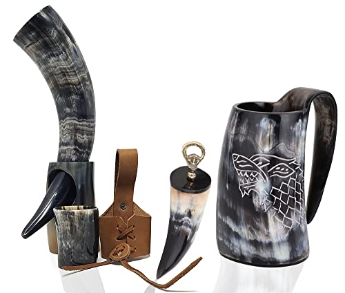 Viking Drinking Horn Mug Set (6 Pcs. Set) Fenrir Viking Horn Tankard, Leather Strap and Horn Stand, Horn Bottle Opener, Shot Glass, 16 Oz Horn Mug with Dire-Wolf Engraved