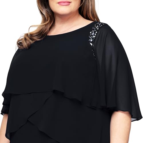 Image of S.L. Fashions Women's Plus Size Tiered Chiffon Cocktail Party Dress with Attached Cape & Beaded Shoulders