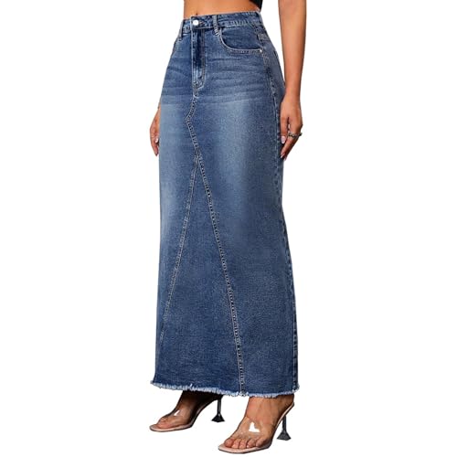 Women's Frayed Fishtail Long Denim Skirt High Waist Patchwork Wrap Hip Maxi Jean Skirts2
