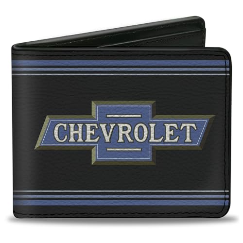 Buckle-Down GM General Motors Wallet, Bifold, 1916 Chevrolet Bowtie Logo Stripes Black Blue, Vegan Leather