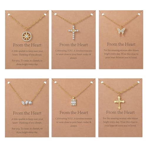 Gold Necklaces Set for Women, 6 Pack Gold Plated Pendant Necklaces with Message Card, Cross Heart Butterfly Necklace for Friend Friendship Party Jewelry Gift