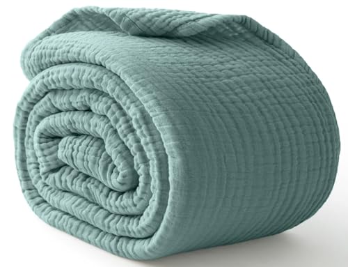 100% Cotton Muslin Blanket Large 50" x 70", 6 Layers Breathable and Lightweight Cotton Throw Blanket for Bed and Couch, Soft Quilt Bedspread, Gauze Blanket for Adults All Season, Teal