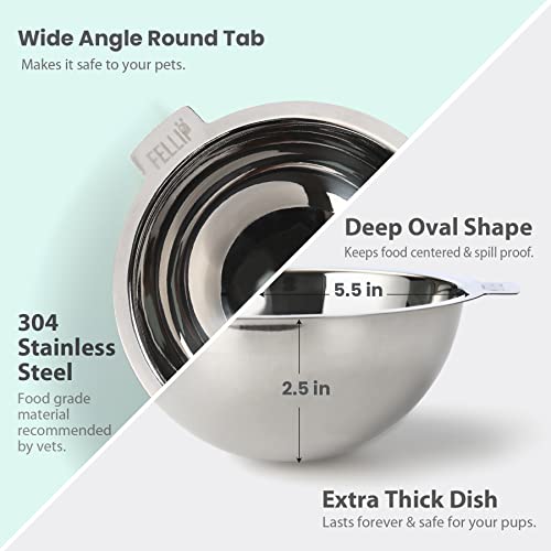 Image of Felli Pet Raised Dog Food Bowl Stainless Steel Slanted Oval Dish Titled for Short Legged Dachshund Bulldog Corgi, No Spill Mess Free, Elevated Acrylic Base Angled Metal Feeder ( 1.5Cups Oval, Classic)