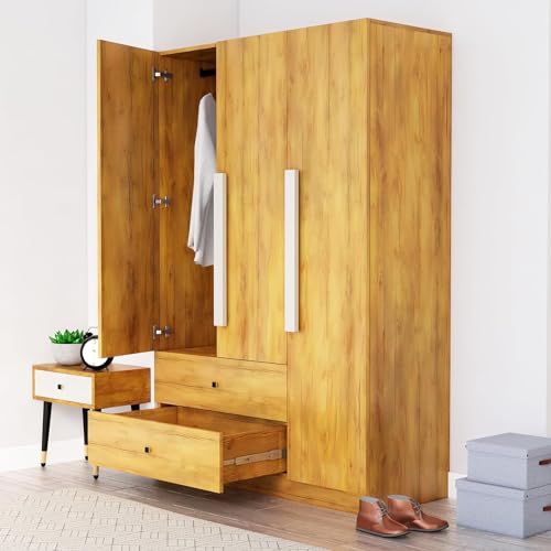 Image of Bniture Wooden Almirah for Clothes, Door for Bedroom, 3 Door Wardrobes with 2 Drawer & Hanging Space (40D x 120W x 180H CM) | 3 Year Warranty (Giant Wood)