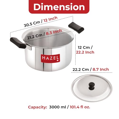 Image of HAZEL Stainless Steel Casserole with Lid, 3 Litre, 19.3 cm | Flat Bottom Patila, Cool Touch Handles, Milk Tope for Induction Cooktop & Gas, Steel Bhagona