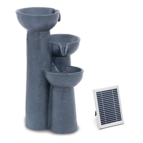 Hillvert HT-SF-108 Fontaine Solaire de Jardin 3 Couches Sur Colonne - Éclairage LED, Batterie Lithium, 5m Câble, Polyrésine