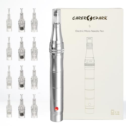 CARER SPARK Dermapen Eléctrico, Dermapen Profesional 0.25 mm-2.0 mm con 5 Niveles de Velocidad para Cuidado de la Piel Antiarrugas y Antienvejecimiento (Incluye 12 cartuchos de agujas)