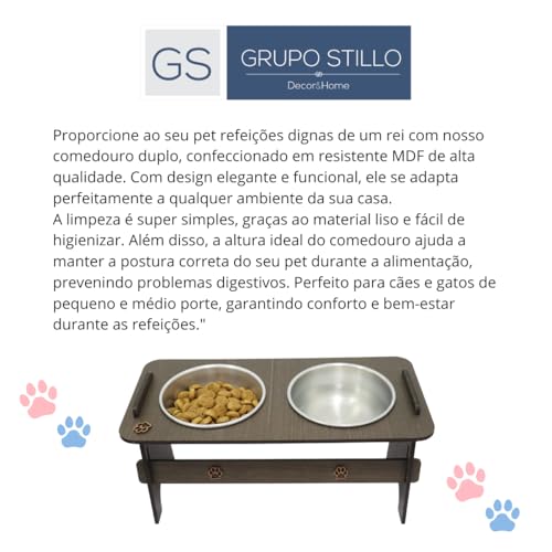 Comedouro e Bebedouro Pet Duplo Elevado inclinado em MDF e Aluminio 600 ML porte médio cachorro
