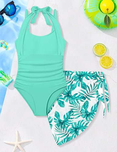 Image of Girls Swimsuit Set - Halter Neck One Piece Bathing Suit with Tropical Cover Up Skirt Swimwear for Kids 7-18Y