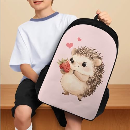 Strawberry Hedgehog Backpack Set with Lunch Box, Water Bottle Pouch, and Pencil Case for Boys & Girls, 1St Grade Large Bag Junior High School Toddler Adjustable Bookbag for Children's Day2