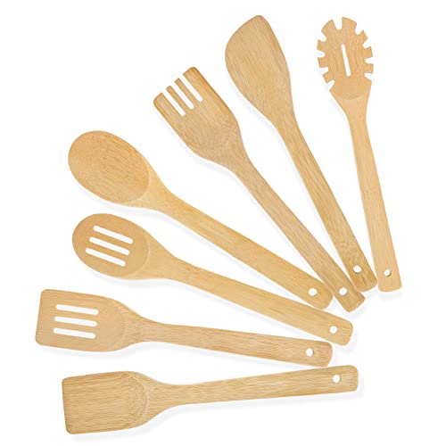 [7-PCS] Wooden Spoons for Cooking is for All Kitchen. Made From Bamboo Wood, Wooden Spatula & Wooden Spoon 11.8 in. and Non-Stick Surface, Suitable for Home & Chef Use or Gift for Someone Special.