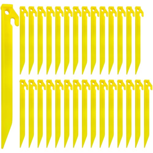 30 PCS Plastic Tent Stakes, 8.85 Inch Heavy Duty Plastic Canopy Stakes for Camping, Beach, Garden & Outdoor Decorations, Lightweight Rust-Proof Sand Anchors, Colorful Yard Inflatable Stakes (Yellow)