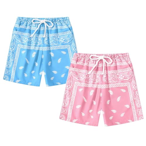 Boy's 2 Pack Summer Boho Paisley Print Shorts Kids Drawstring High Waisted Graphic Bandana Shorts with Pocket