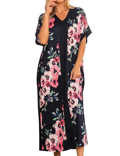 Image of Bloggerlove Women Nightgowns Cotton Caftan House Dress Short Sleeve Sleepwear Vacation Beach Moo Moos Dress with Pockets