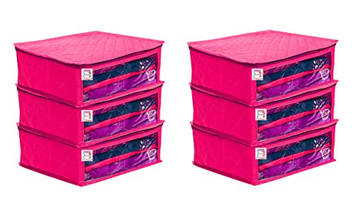 atorakushon Fabric Satin Foldable Saree Covers Cloth Garments Storage Bag Wardrobe Organizers with Strong Zippers & Transparent Window Pack of 6 Pink