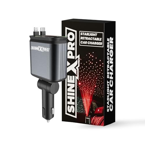 Image of ShineXPro Starlight Retractable Car Charger - Extra-Long Type-C Retractable Cables, 4-in-1 Car Mobile Charger with Starry Sky, 120W Car Fast Charger with Dual USB Port for Android & iOS Devices
