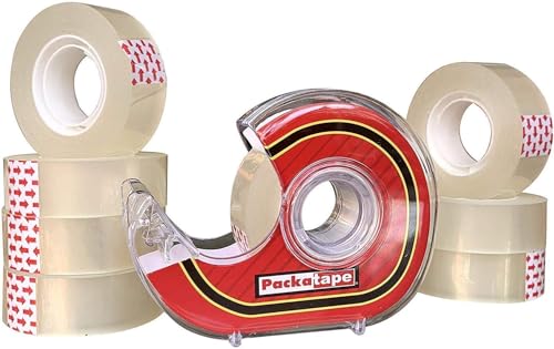 Packatape Cellotape 9 Clear Transparent Rolls 18mm x 33m | Tape Dispenser Included | Ideal for Gift Wrap Christmas Birthday Home or Office | Clear Stationery Tape