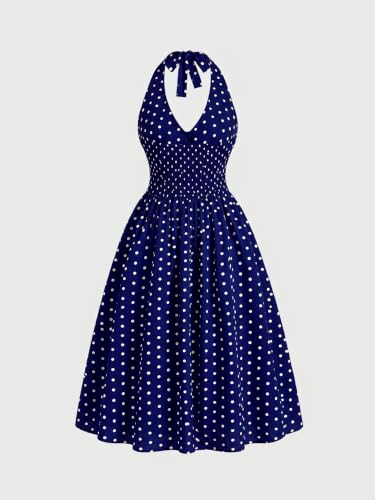Image of Aahwan Polka Dots Halter Long Dress Backless A Line Flared Vintage Party Club Dresses for Women's & Girl's