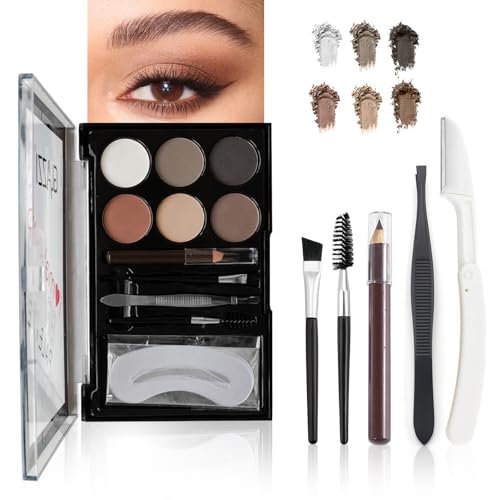 Liameph All-in-One Eyebrow Kit - 6-Color Stamp and Powder Set With Stencils Brushes Pencil Tweezer and Knife - Waterproof