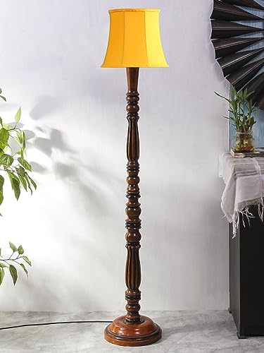 Image of Cylindrical Drum Floor Lamp with Wooden Base - Height 57 Inches, Yellow | Modern Standing Lamp for Home, Living Room, Bedroom & Office | Elegant Lighting Decor | Cotton