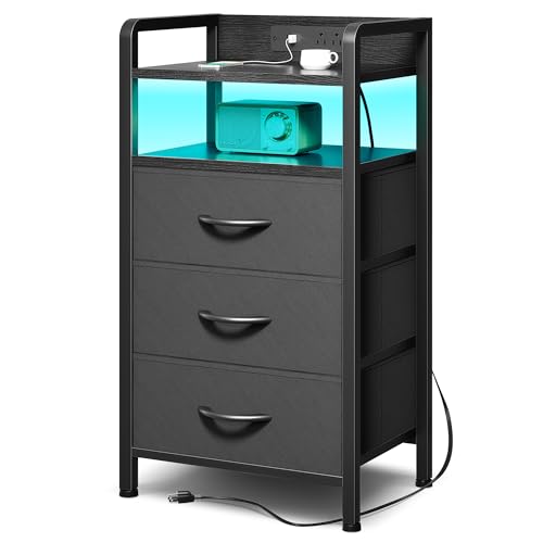 Night-Stand-Bedside-Table-Bedroom-Nightstand-with-Charging-Station-LED-Light-Strip-Bed-Side-Table-with-Storage-Shelf-3-Fabric-Drawers-Morden-Black-End-Table-with-U-S-B-Ports-AC-Outlets