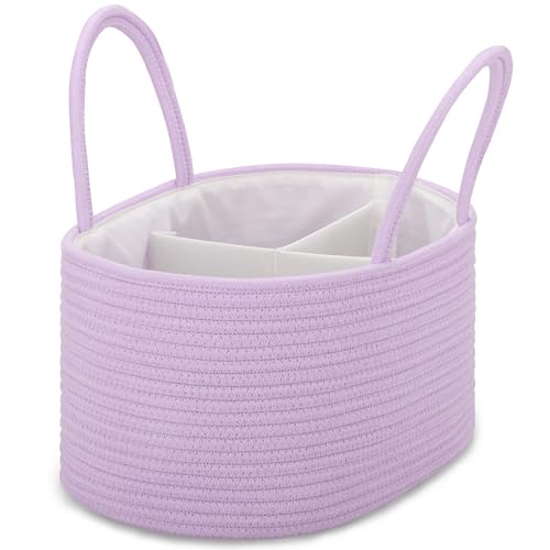 Image of COMSE Large Baby Diaper Caddy Organizer for Girl Boy, Car Caddy with Handles, Cotton Rope Basket for Changing Table, Nursery Organizer, Gift for Baby Shower and Registry Must Have, Purple