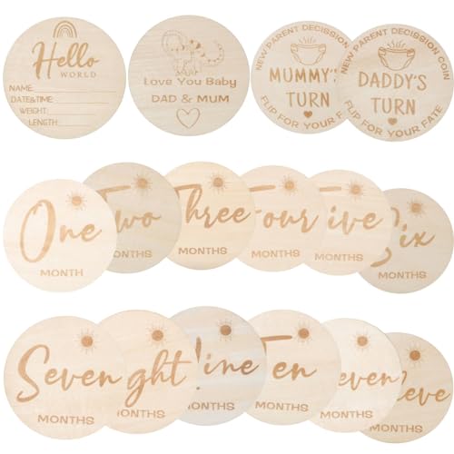 Baby Monthly Milestone Marker Discs - Wooden Discs Reversible Photo Props for Baby Announcement and Milestones,8pcs 16 Sides 1-12 Month, Baby Announcement Cards,Neutral Gift for Newborn Boy and Girl