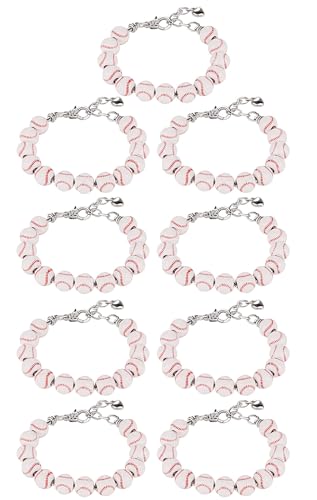 9-Pack Baseball Bracelets with 13 PCS Wooden Beads,Baseball Bracelet Strung with Stainless Steel Chain & Adjustable 18+4cm Length, Mini Heart Charm, Perfect for Baseball Team Gifts