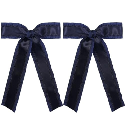 5.5in Navy Blue Hair Bows for Women Girls Thick Thin Hair,Large Ruffle Satin Tassel Ribbon Hair Bow Clips Barrettes with Long Tail,Her Vintage Dress outfit Decor Accessories