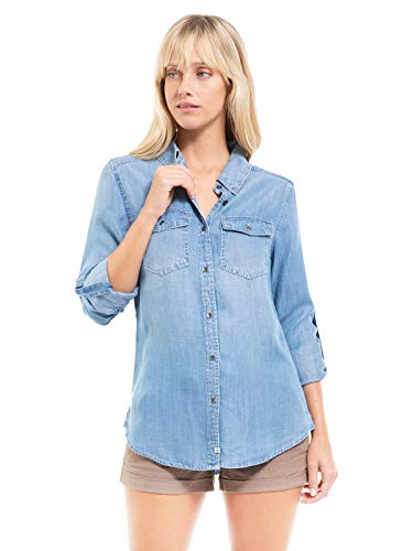 Design by Olivia Women's Classic Long/Roll Up Sleeve Button Down Denim Chambray Shirt Light Denim 1X