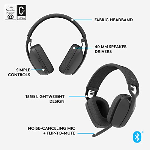 Image of Logitech Zone Vibe 100 Lightweight Wireless Over Ear Headphones with Noise Canceling Microphone, Advanced Multipoint Bluetooth Headset