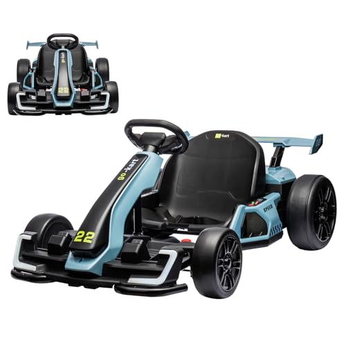 GarveeLife 24V Electric Go Kart for Kids,Powerful Drift Kart with 2 * 150W Motors, Adjustable Seat, 8 mph Speed, Led Lights ,Outdoor Riding Toy for Children Ages 6-15 Blue